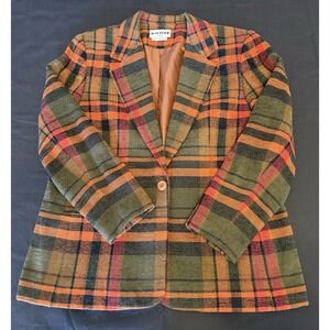 Vintage Joan Leslie Orange Green Plaid Preppy Academic Blazer 70s 80s Size 16P